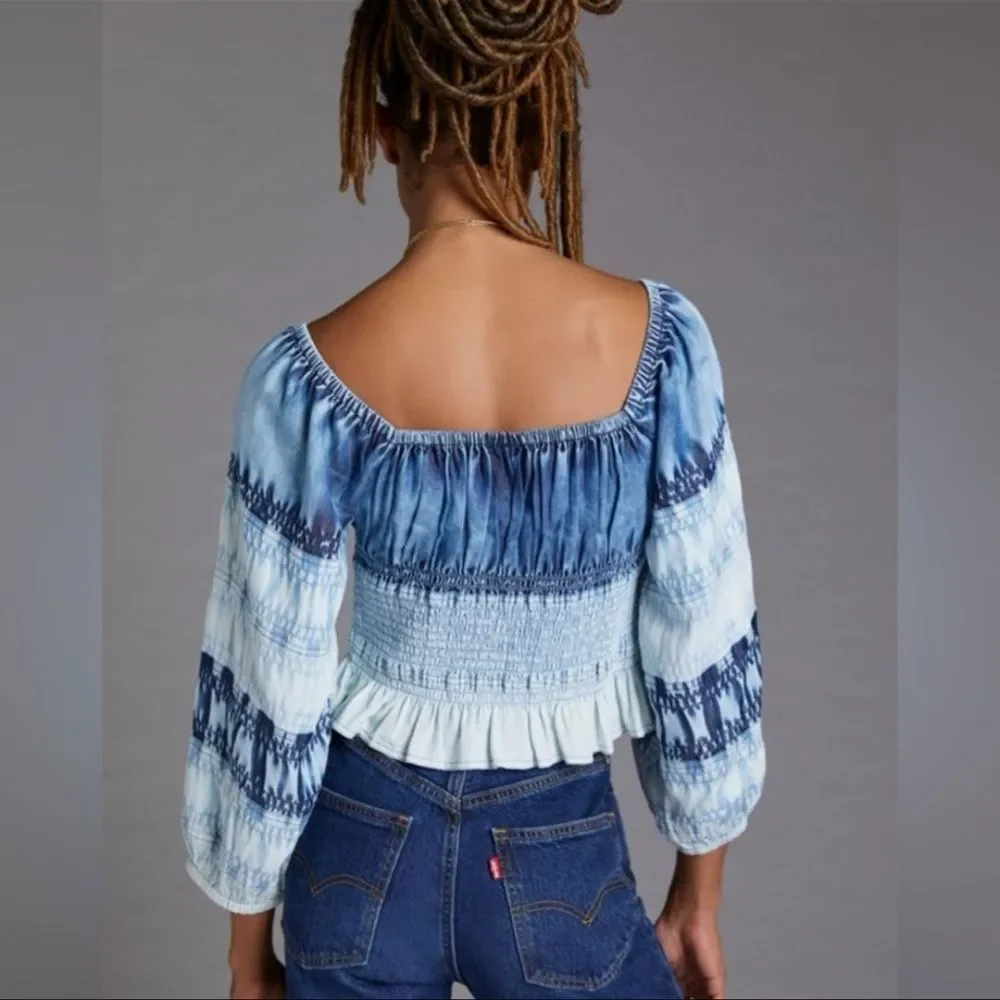 Anthropologie Pilcro Smocked Peasant Top – Blue/White Tie-Dye – Size Small - Picture 2 of 8